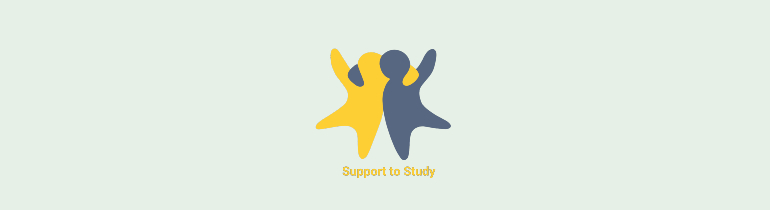Logo for Support to Study: Two figures coloured yellow and grey holding each other with outstretched arms