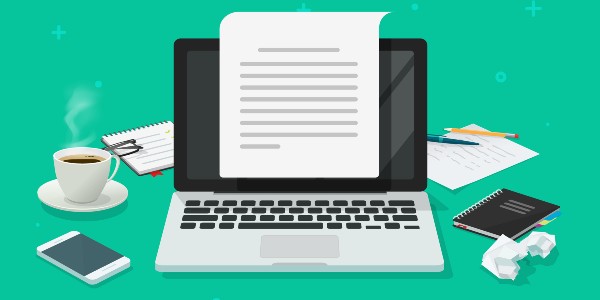 Graphic of a laptop surrounded by notepads, a document displayed across its screen.