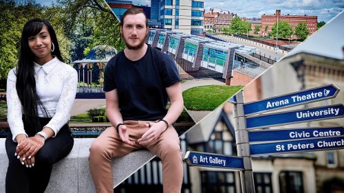 Two students sitting in the courtyard at City Campus, intercut with a photo of a signpost