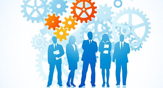 Graphic of five people in business clothes on a backdrop of spinning cogs