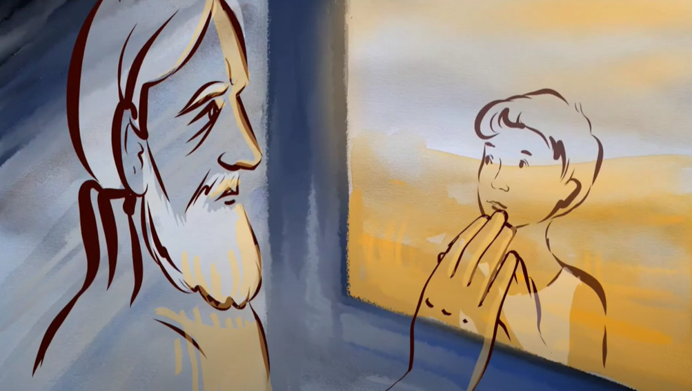 an animation of a old man looking through a mirror at a boy