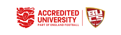 Logo for English Football Accreditation award, showing the England three lions emblem and BUCS logo
