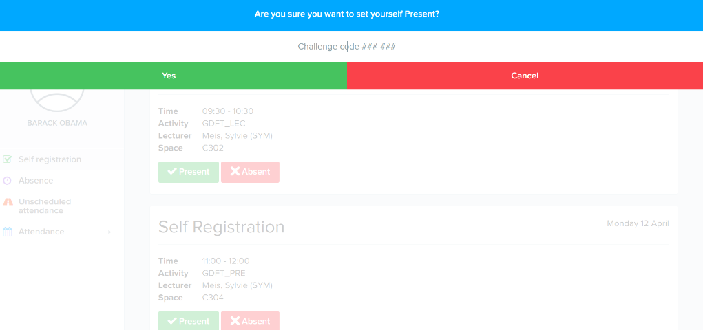 The challenge code entry screen for the student check in system