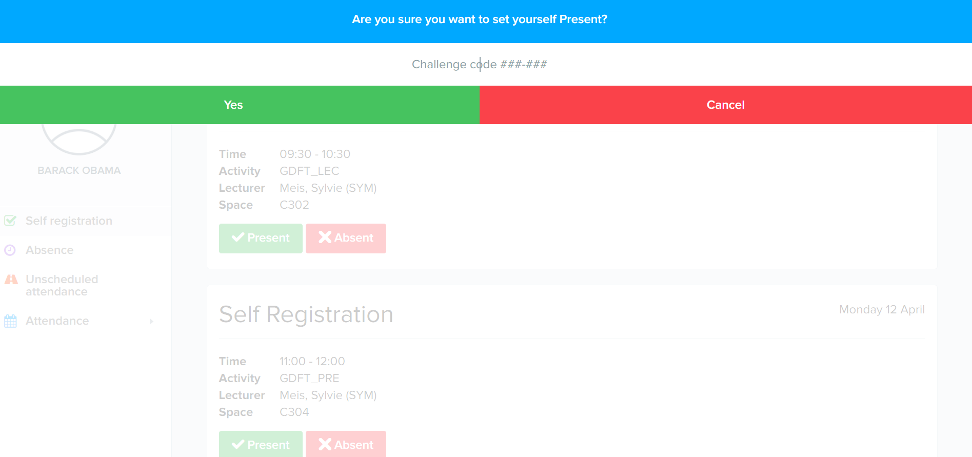 The challenge code entry screen for the student check in system
