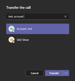 The transfer a call menu in Teams