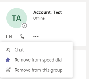 The remove contact from speed dial menu in Teams