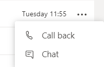 The call back or chat menu in call history in Teams
