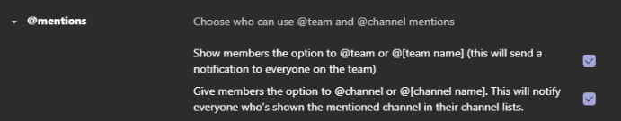The menu for @mention settings in Teams