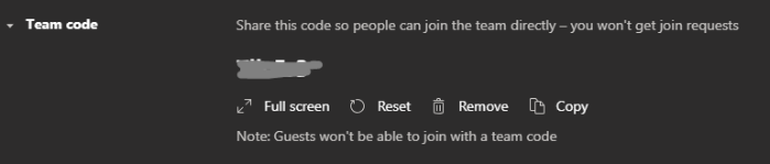 The Team code which has been generated to share 