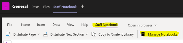 How to access the settings for Staff OneNote Notebook in Teams