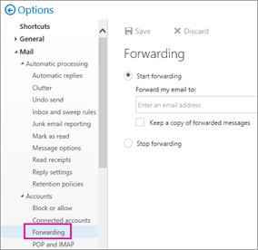 A screenshot of Microsoft Outlook showing how to start forwarding emails.