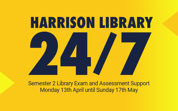 Navy blue text on yellow background with the text Harrison Library 24/7