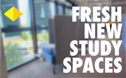 a blurred image of a high back against a windowed backdrop. Text reads 'Fresh New Study Spaces' in a bold white font.