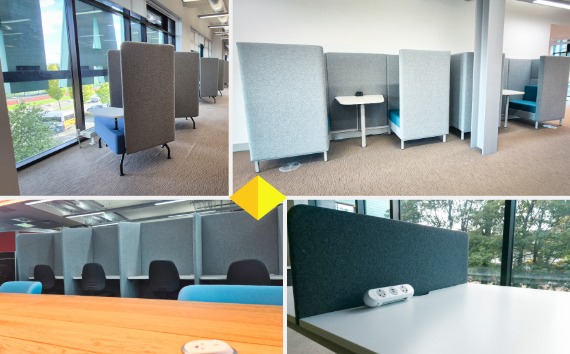 Collage of study space images, including high backed soft study seats
