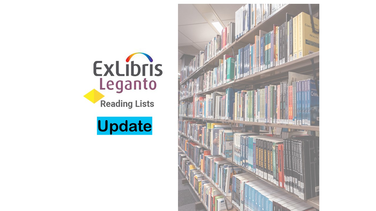 Image of booksheves and text with leganto update
