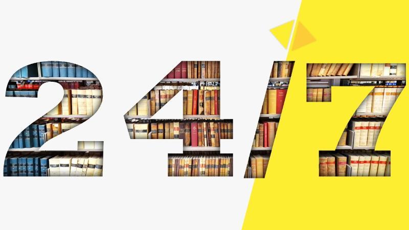 a promotional image with the lettering 24/7 made out of library books