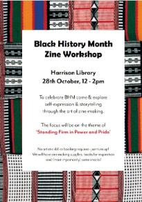Poster with patterned textile and details of zine workshop