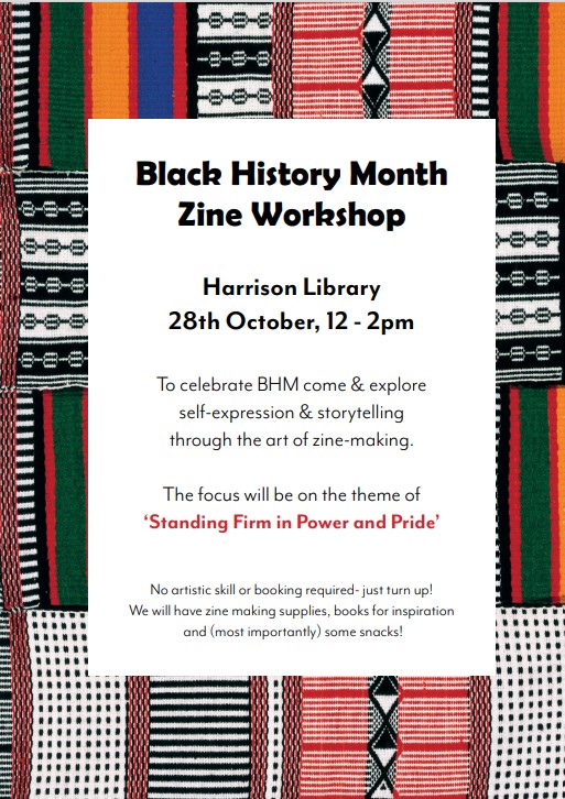 Poster with patterned textile and details of zine workshop
