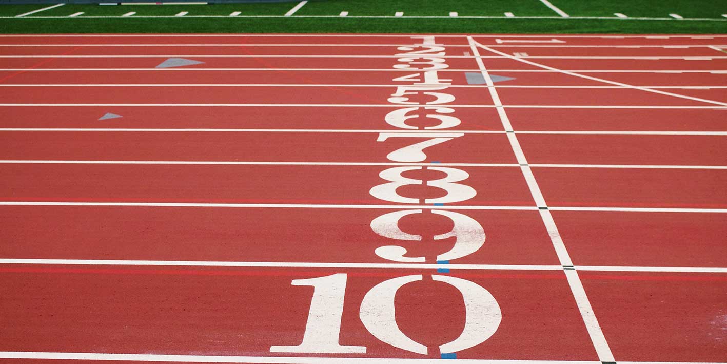 An athletics track with ten lanes