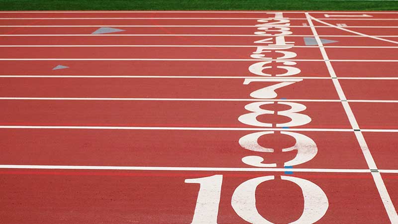 An athletics track with ten lanes