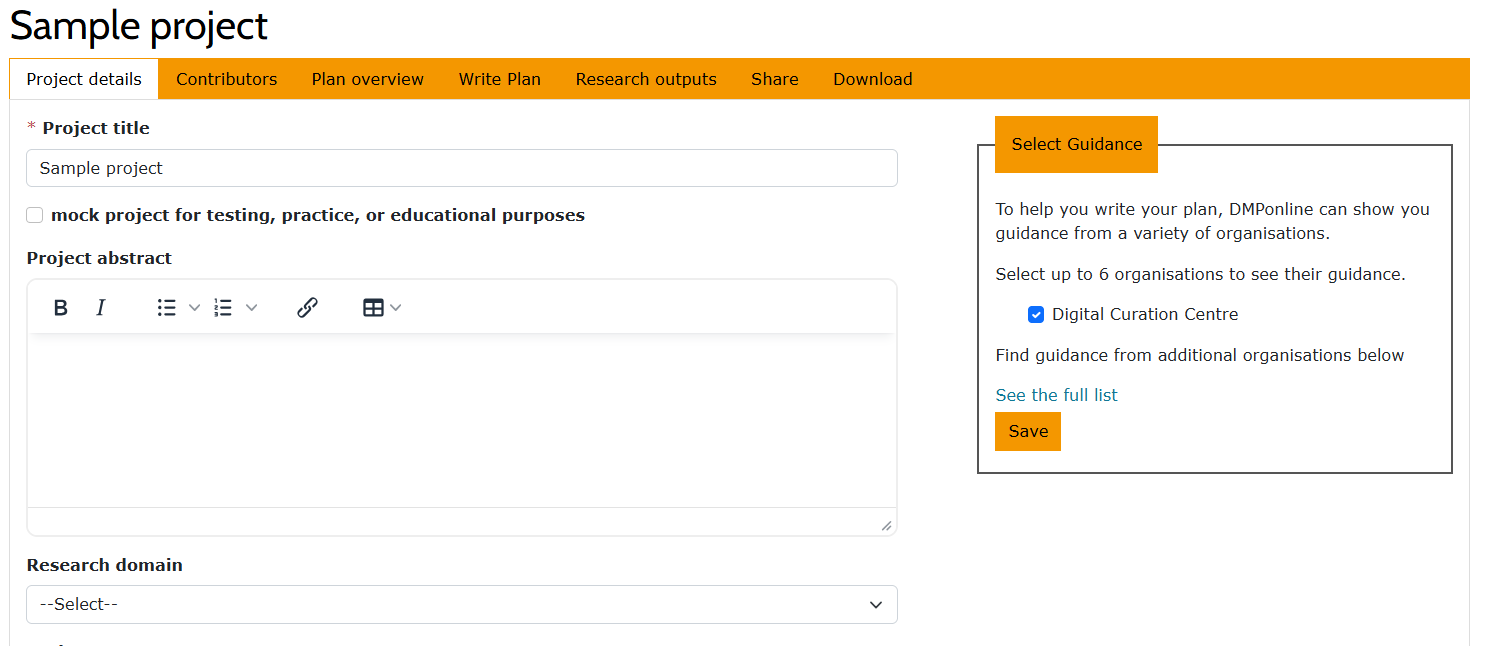 The project details form of the user interface for DMP Online