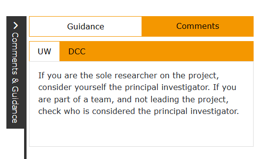 Part of the DMP Online user interface showing guidance from the University on who has responsibility in a research project.