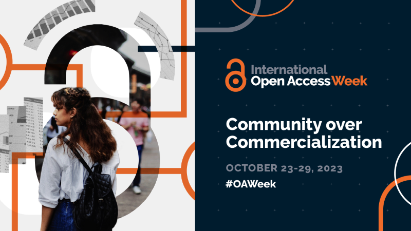 girl with a rucksack on her back with the open access padlock logo behind her