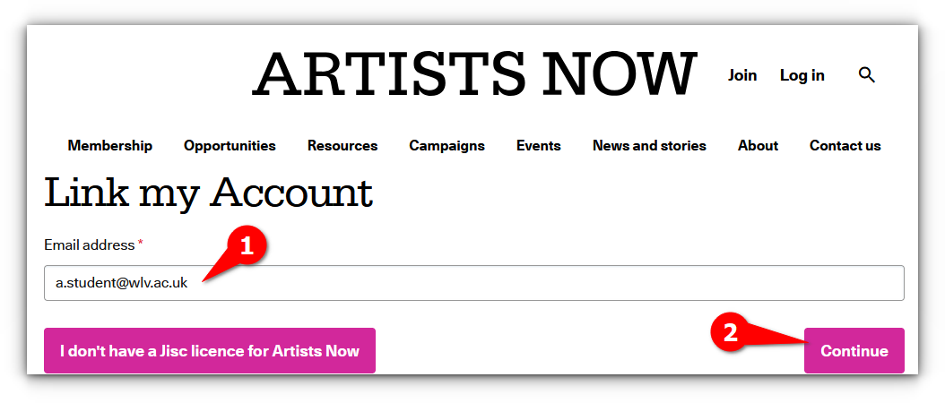 Artists Now registration step 1 - Under the heading of 