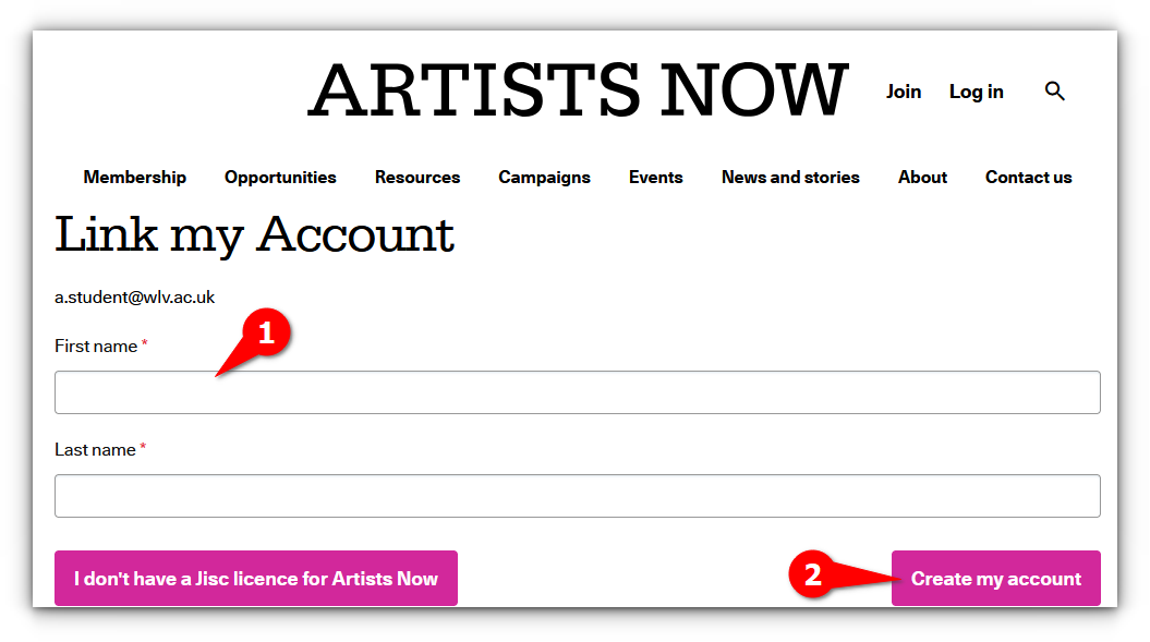 Artists Now registration step 2 - Still under the heading 