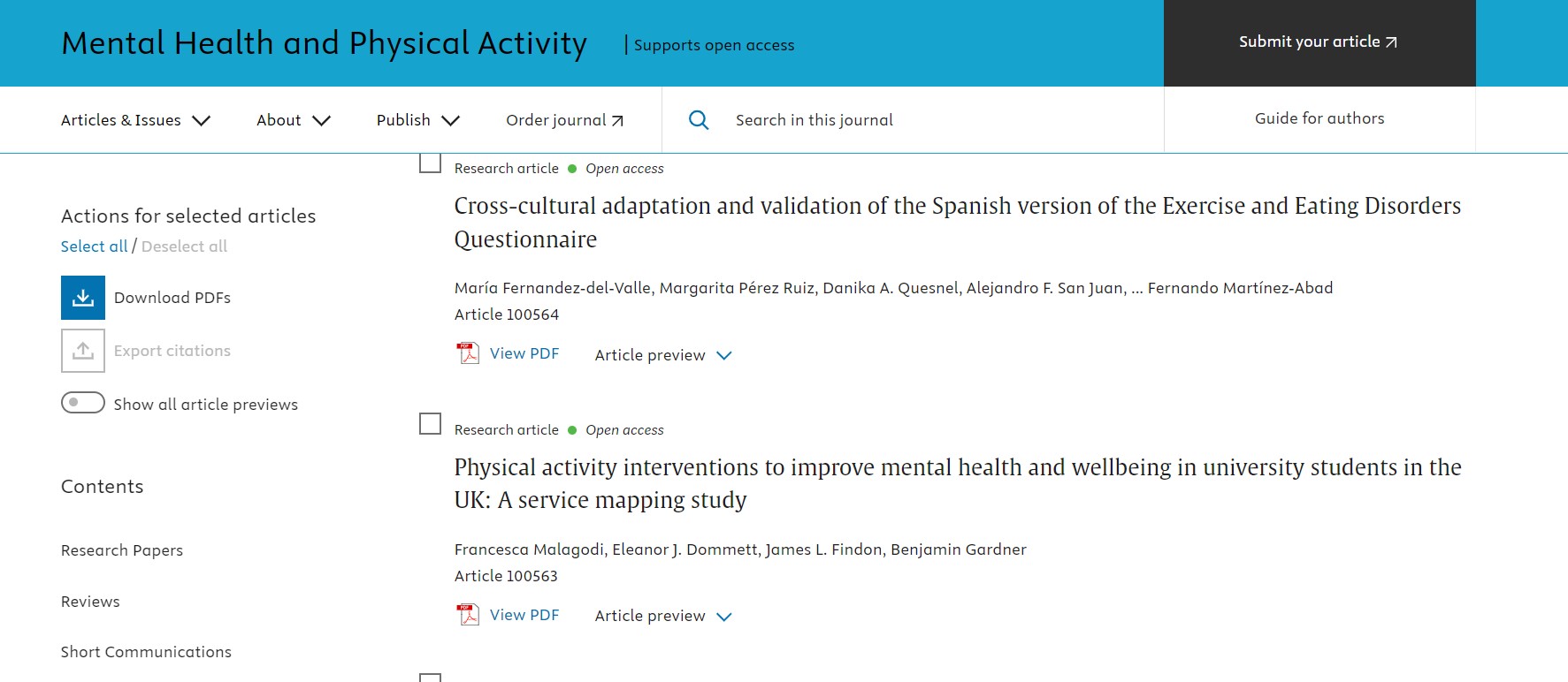screenshot of Mental Health and Physical Activity journal