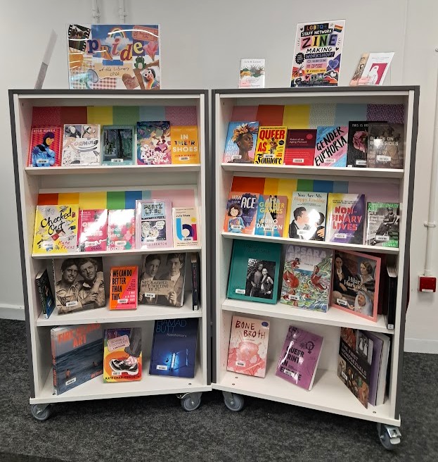 Bookshelves with books celebrating pride