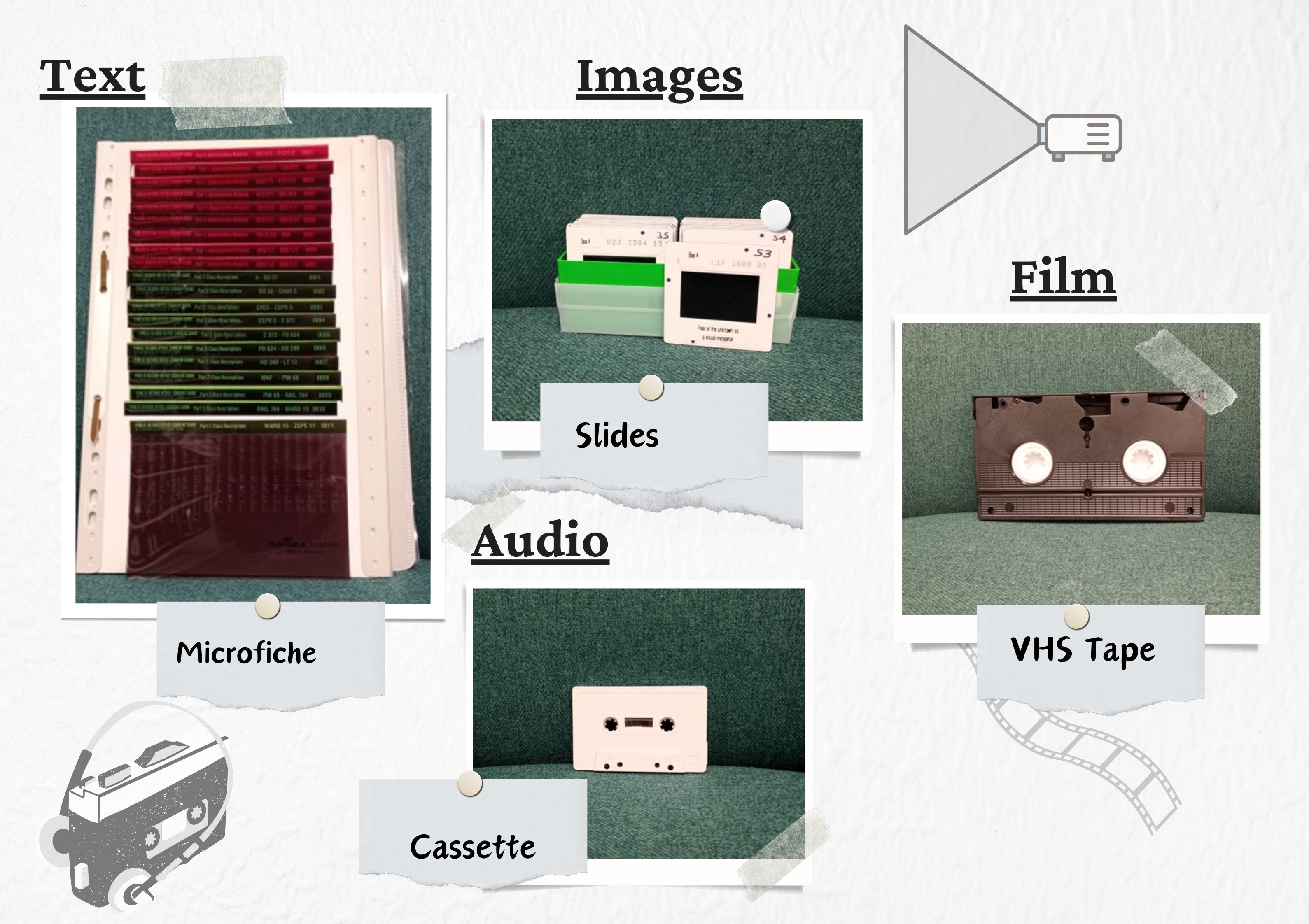 Photo of a VHS tap, cassette, slides and a microfiche