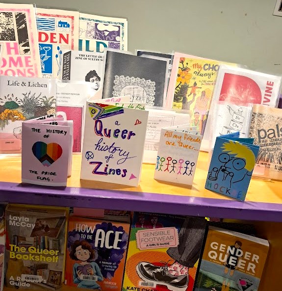 A trolley with some zines