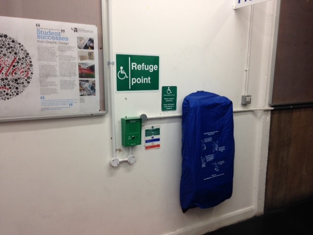 Image of what a refuge area will typically look like; the EVC is in the centre, underneath the refuge point sign
