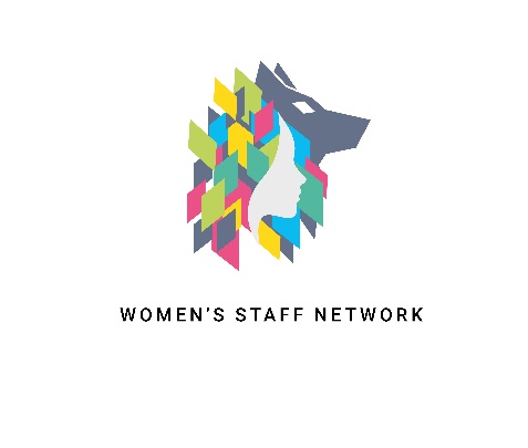 The Women's Staff Network logo: graphic depicting the face of a woman and the head of a wolf covered by a network of coloured squares.