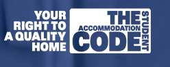 UUK Logo, white text on a blue background reading YOUR RIGHT TO A QUALITY HOME alongside a white and blue graphic reading THE ACCOMMODATION CODE