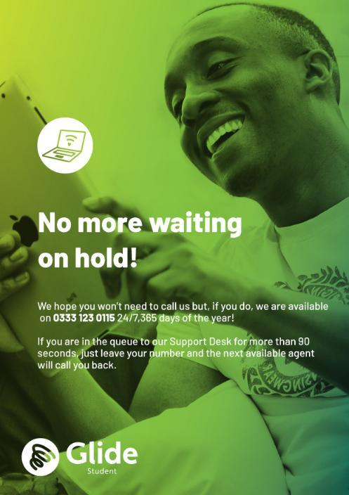Glide student poster listing its support desk contact number 0333 123 0115, a student holding an iPad in the image behind the text