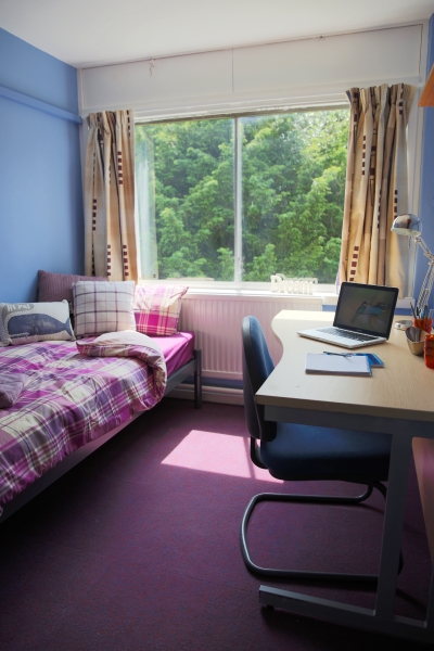 Image of a bedroom in Gorway accommodation, Walsall, showing a bed, window and workstation
