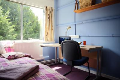 Image of a bedroom in Gorway accommodation, Walsall, showing a bed, shelf, window and workstation