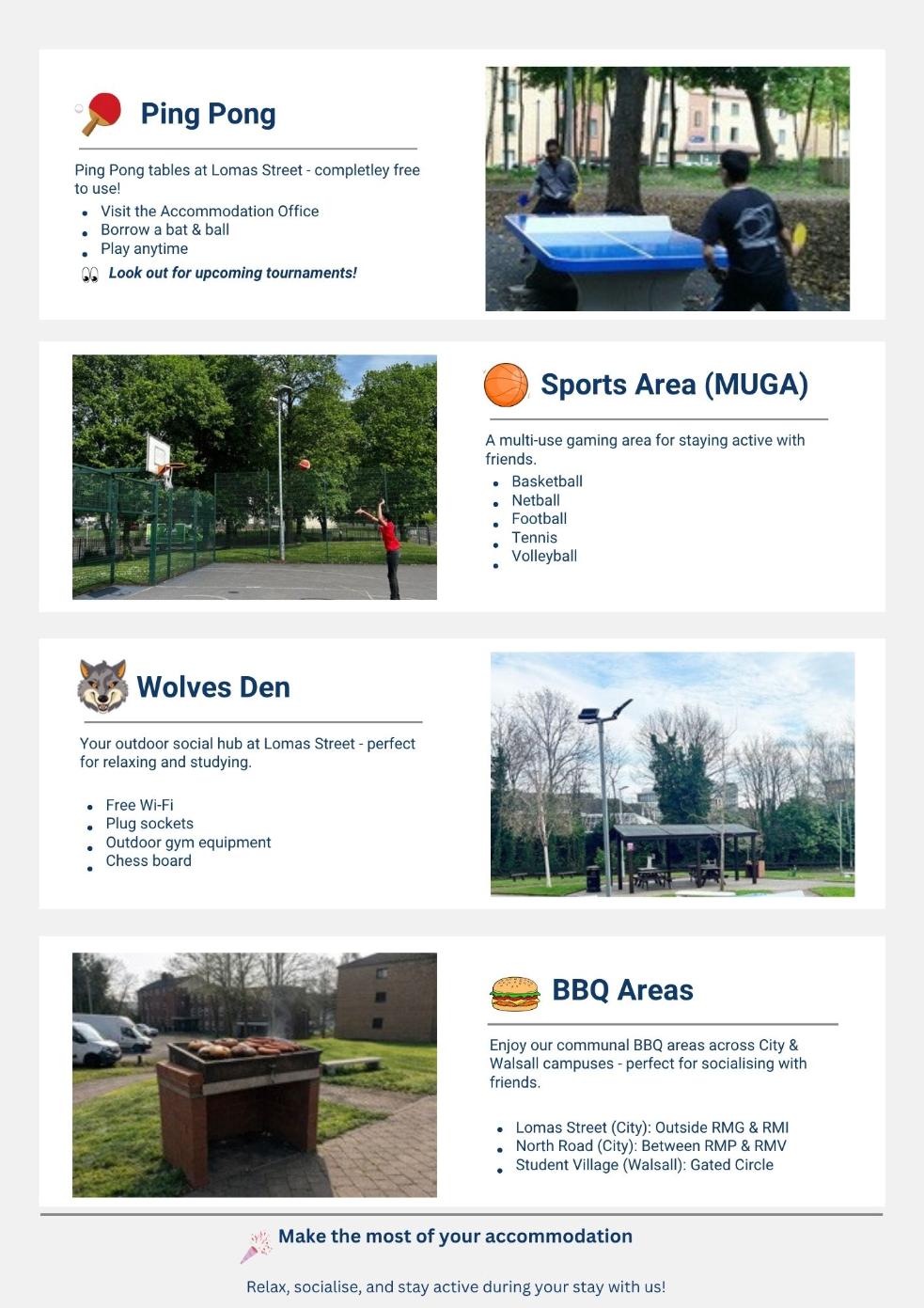 Social Areas including ping pong tables, wolves den, BBQ areas and basketball court