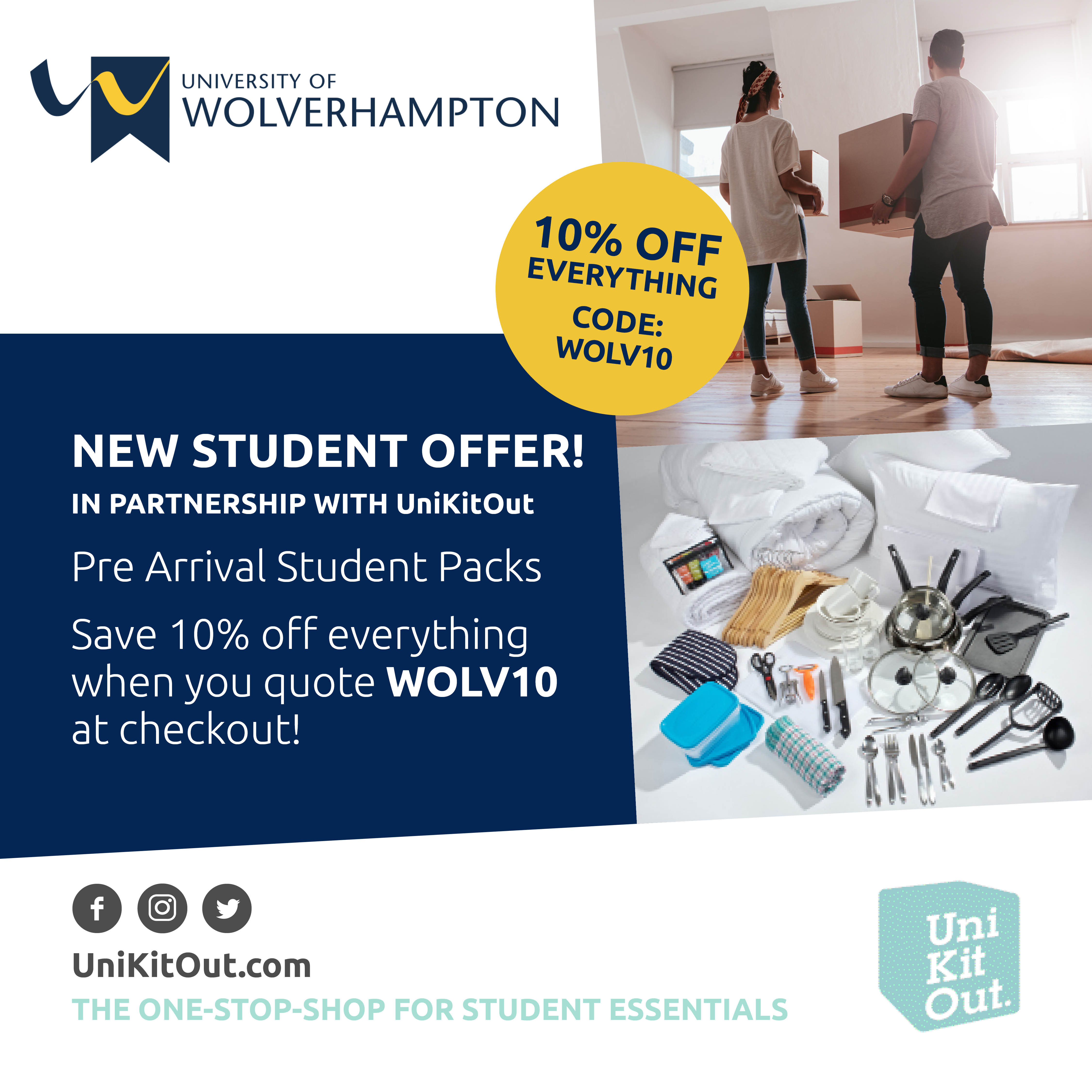 Unikitout graphic describing the 10 percent discount when you quote WOLV10 at checkout