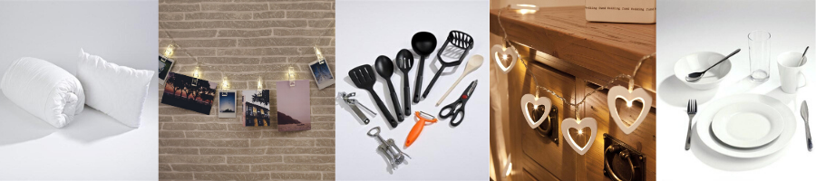 Unikitout collage graphic showing various common student items: a pillow and duvet, a line of printed photos, kitchen utensils, fairy lights and plates