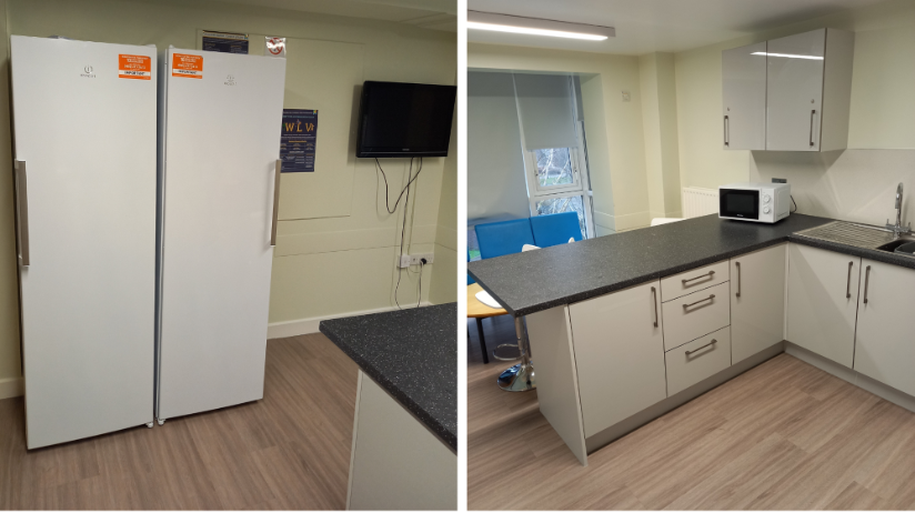 Collage of a refurbished kitchen in Walsall Campus accommodation, one image showing two fridge/freezers and a wall-mounted television, the other showing a countertop with drawers, cupboards, a microwave and a sink