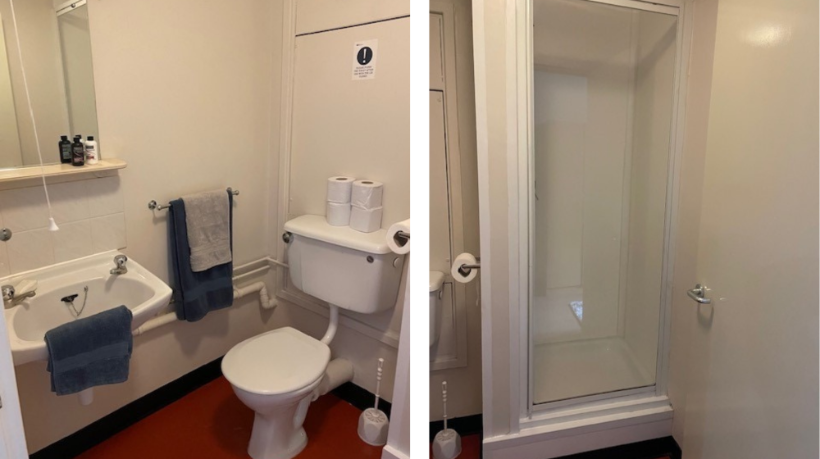 Collage of a bathroom in ensuite accommodation on City Campus, a toilet, sink with mirror and shower included