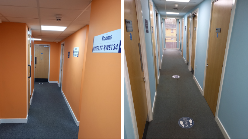 Corridors in Walsall Campus accommodation leading to student rooms on the sides