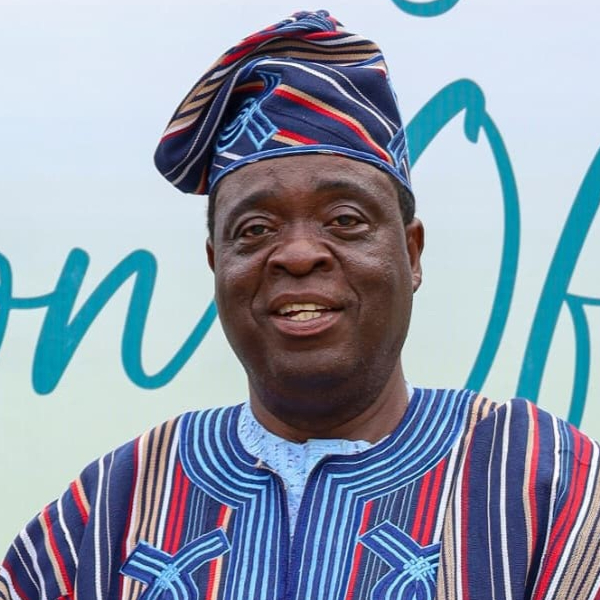 Adeola Odedina wearing multicoloured robes and standing in front of a printed backdrop.