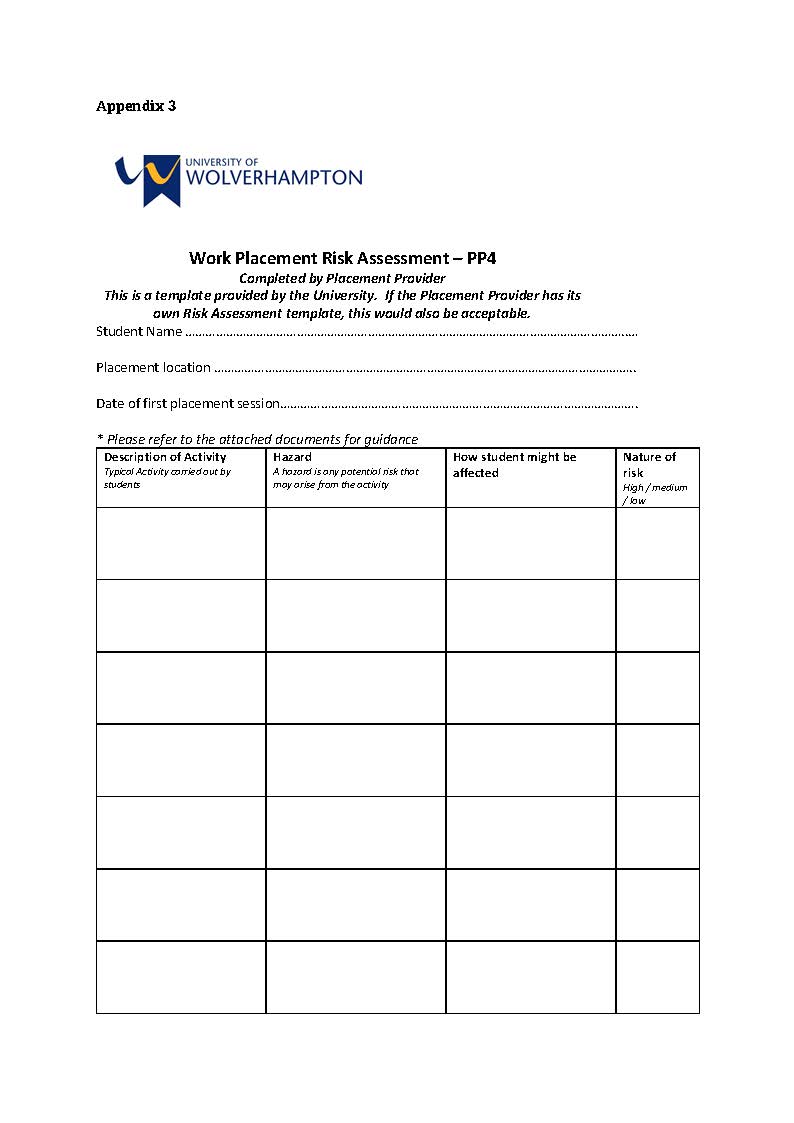 Work Placement Risk Assessment PP4 Appendix 3 - Page 1