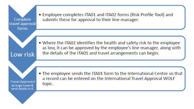 Flowchart outlining the low risk process for international travel approvals