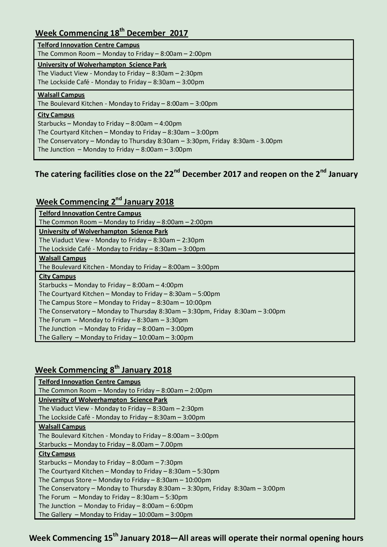 Catering opening and closing times