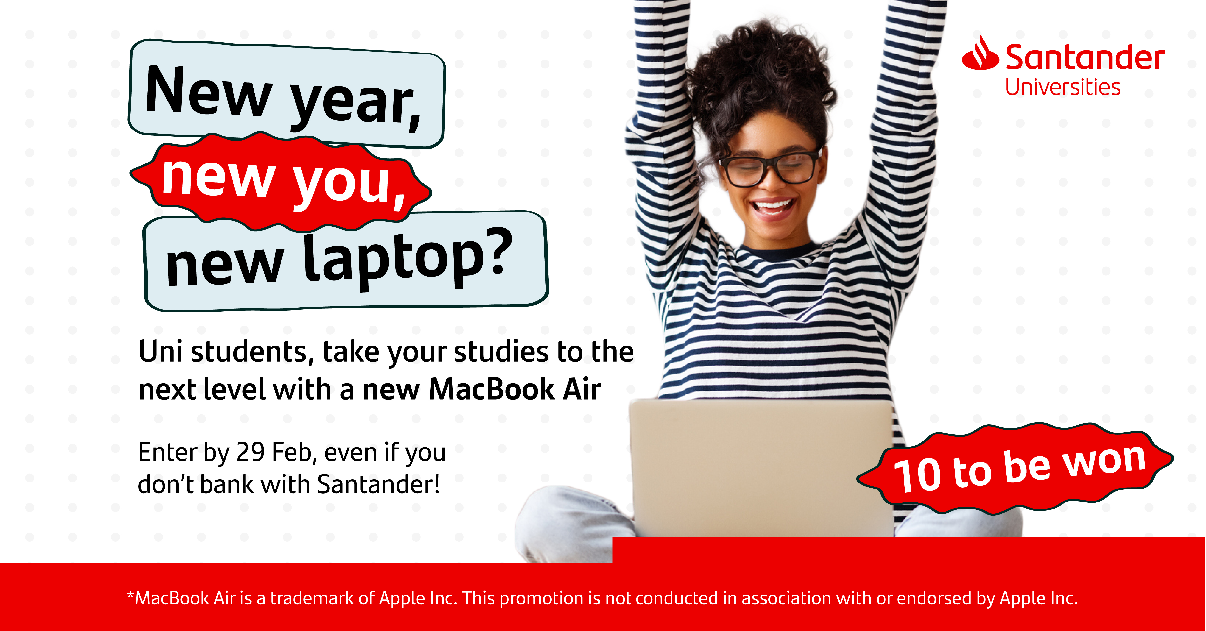 Santander Universities MacBook Air giveaway promotion graphic, excited student in front of a MacBook with her hands in the air